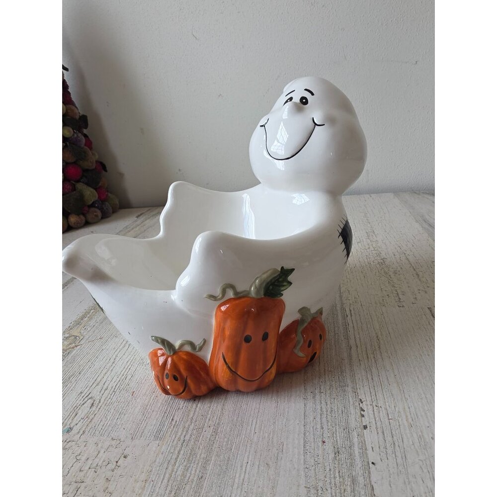 Sonoma ceramic ghost candy bowl tray‎ dish pumpkins jack-o'-lanterns cute shabby